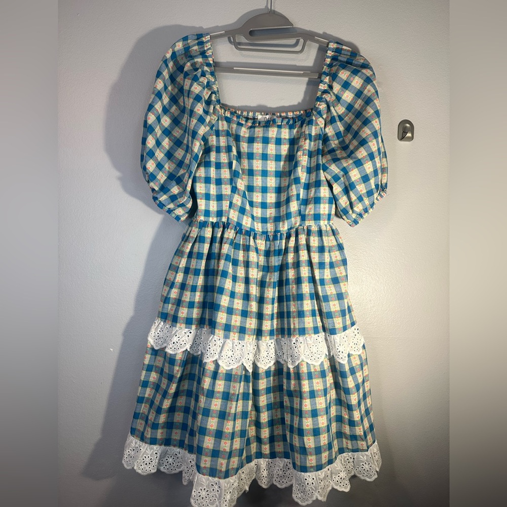 Blue and White Gingham Dress with Lace Trim medium nwt - Picture 2 of 6